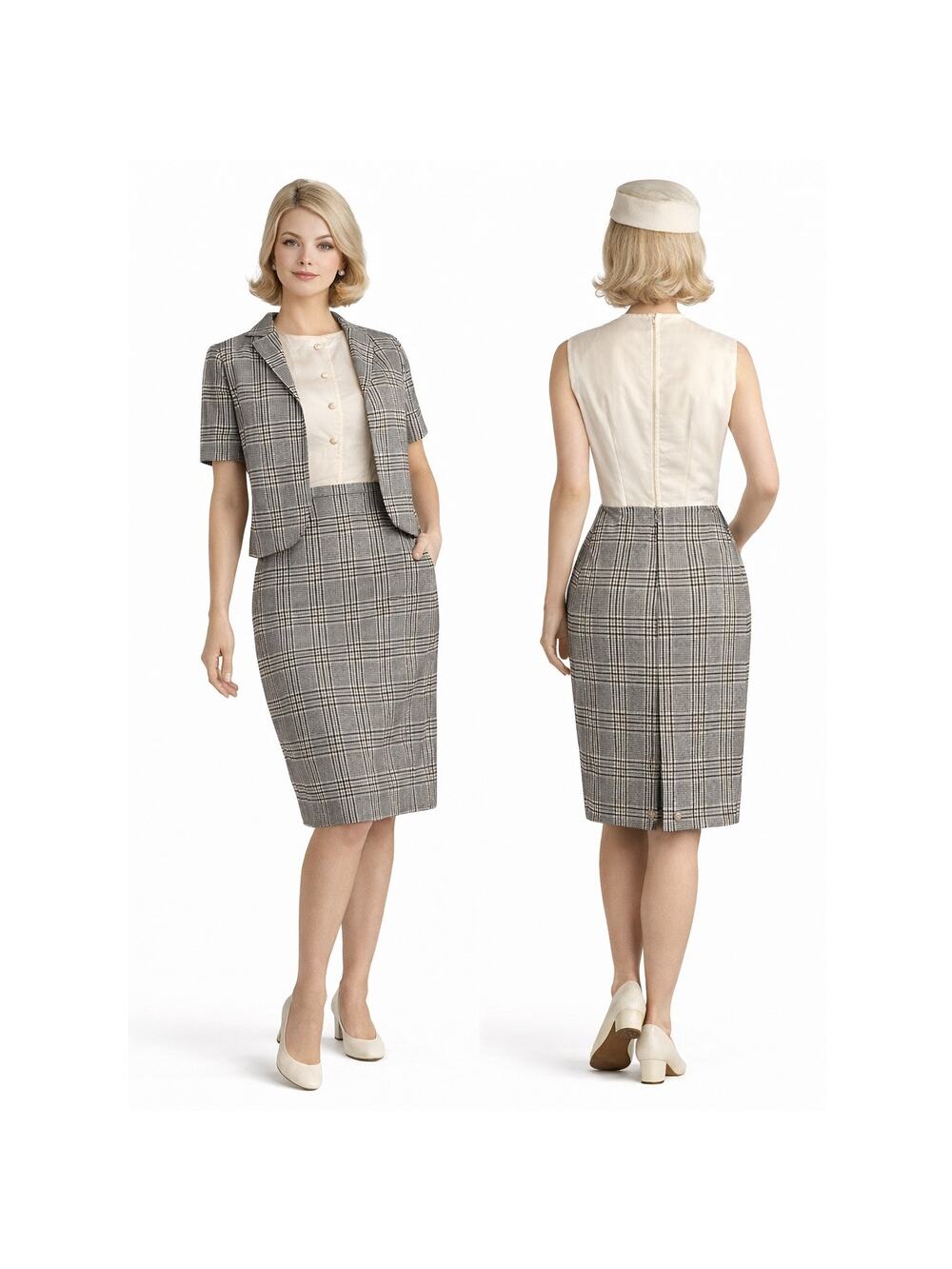 1960s Vintage California Girl Travel Uniform Set Plaid Dress Jacket S-M